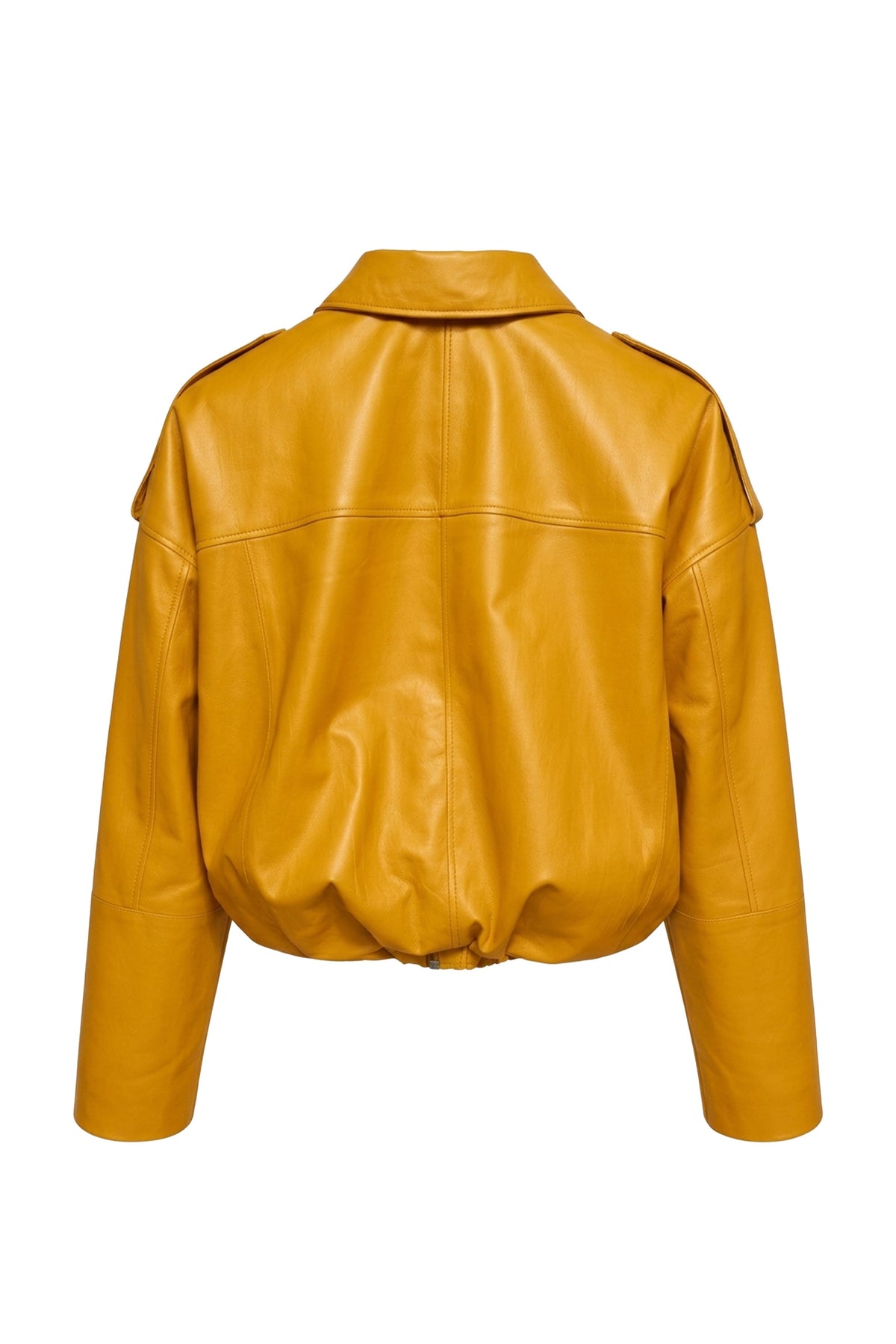 Yellow Genuine Leather Oversize Crop Jacket with Belt and Shoulder Epaulet Detail