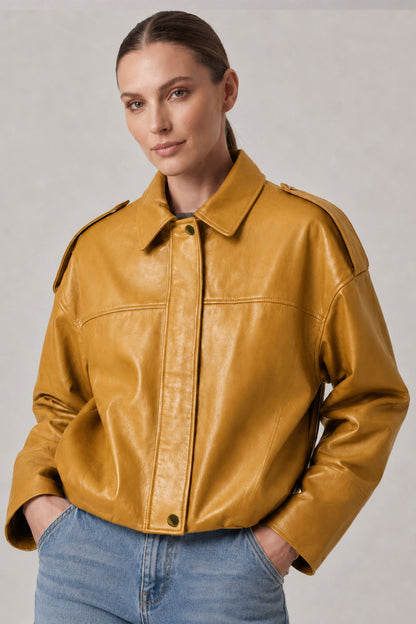 Yellow Genuine Leather Oversize Crop Jacket with Belt and Shoulder Epaulet Detail