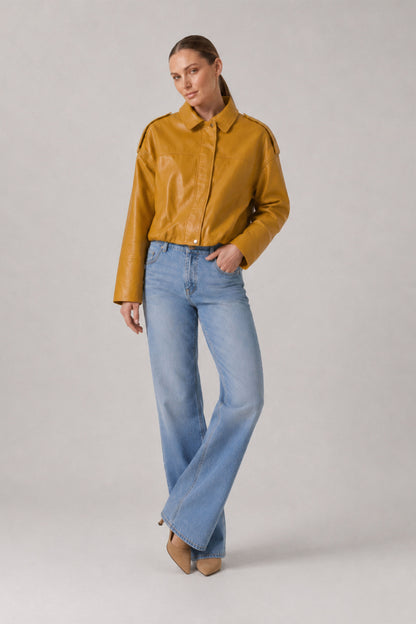 Yellow Genuine Leather Oversize Crop Jacket with Belt and Shoulder Epaulet Detail