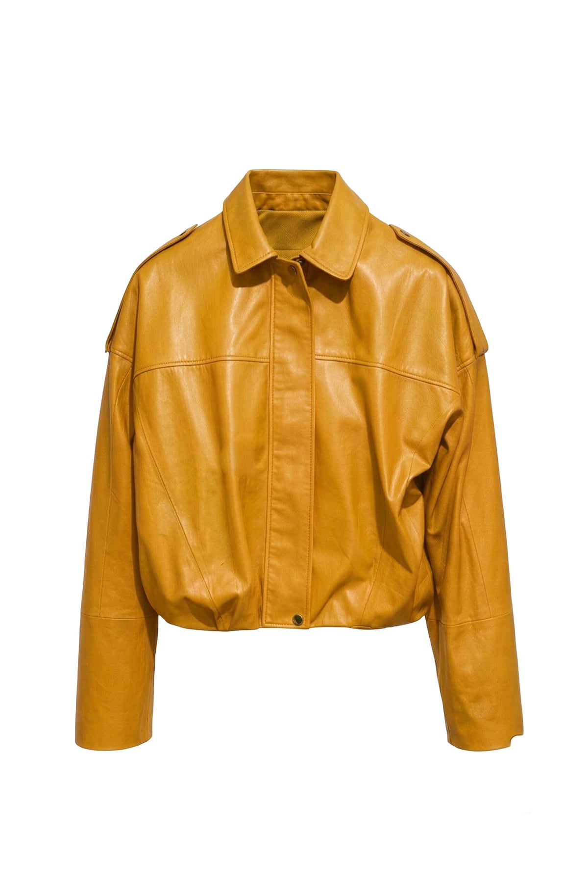 Yellow Genuine Leather Oversize Crop Jacket with Belt and Shoulder Epaulet Detail