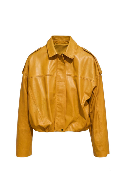 Yellow Genuine Leather Oversize Crop Jacket with Belt and Shoulder Epaulet Detail