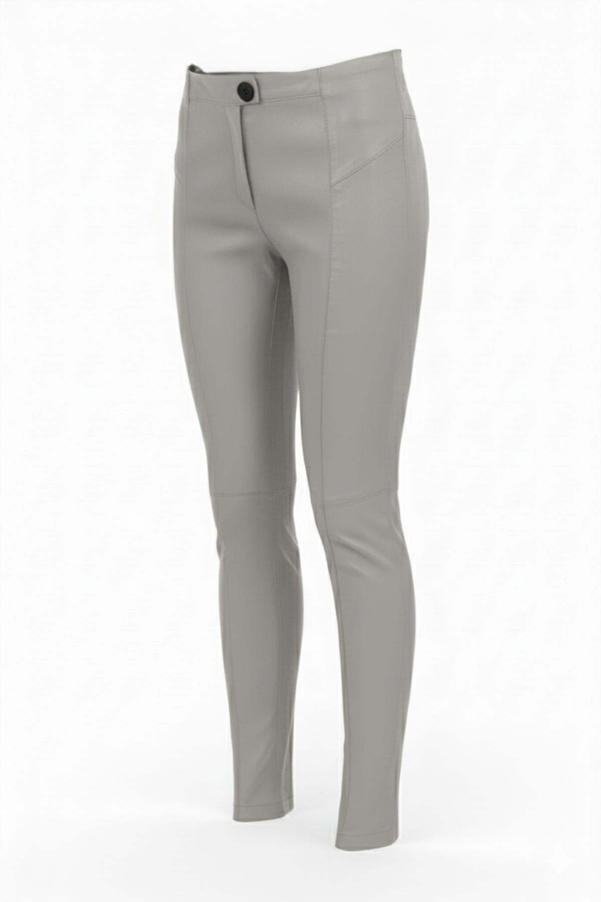 Grey Women's Leggings, Unlined, Front Zipper and Button Closure, Pocketless, Slim Fit, Genuine Stretch Leather Pants