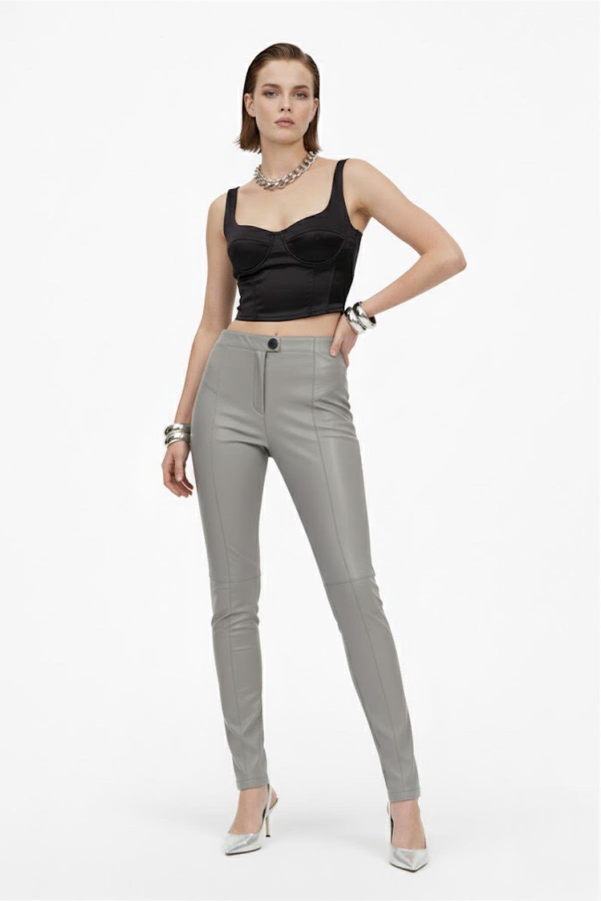 Grey Women's Leggings, Unlined, Front Zipper and Button Closure, Pocketless, Slim Fit, Genuine Stretch Leather Pants