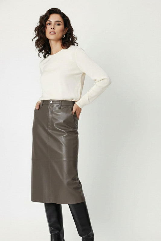 Grey Mita Midi Genuine Leather Women's Skirt