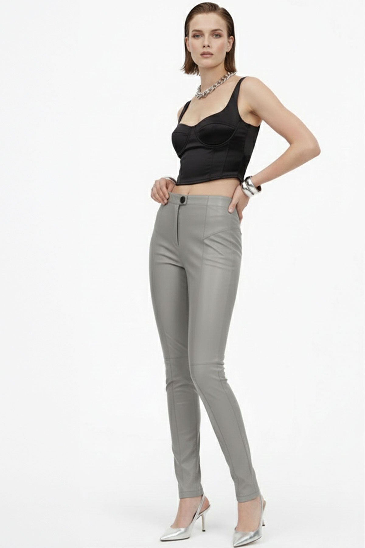 Grey Women's Leggings, Unlined, Front Zipper and Button Closure, Pocketless, Slim Fit, Genuine Stretch Leather Pants