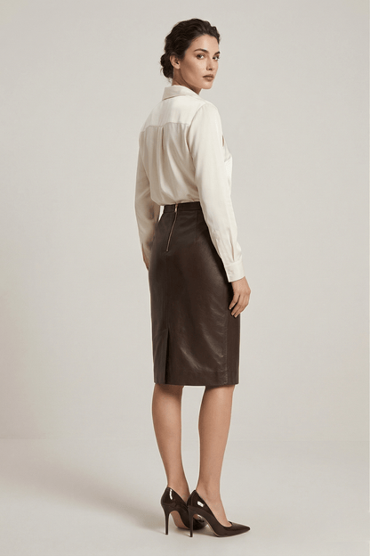 Brown Women's Pencil-Style Genuine Leather Skirt