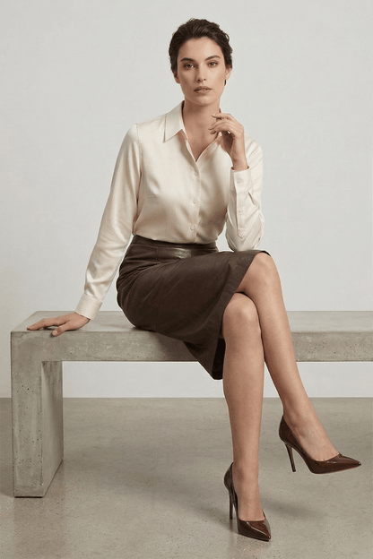 Brown Women's Pencil-Style Genuine Leather Skirt