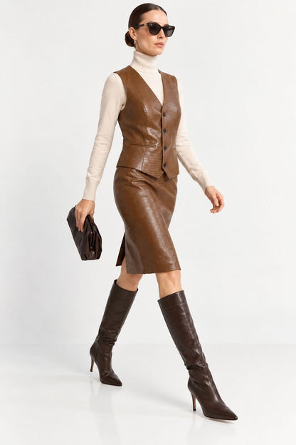 Karamel Elara Crocodile Patterned Genuine Leather Pencil Skirt