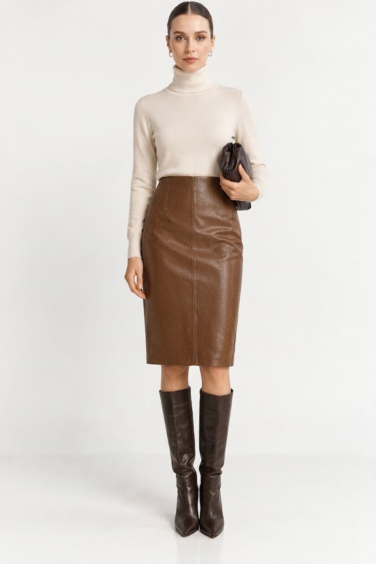 Karamel Elara Crocodile Patterned Genuine Leather Pencil Skirt