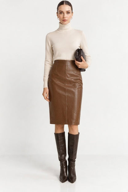 Karamel Elara Crocodile Patterned Genuine Leather Pencil Skirt