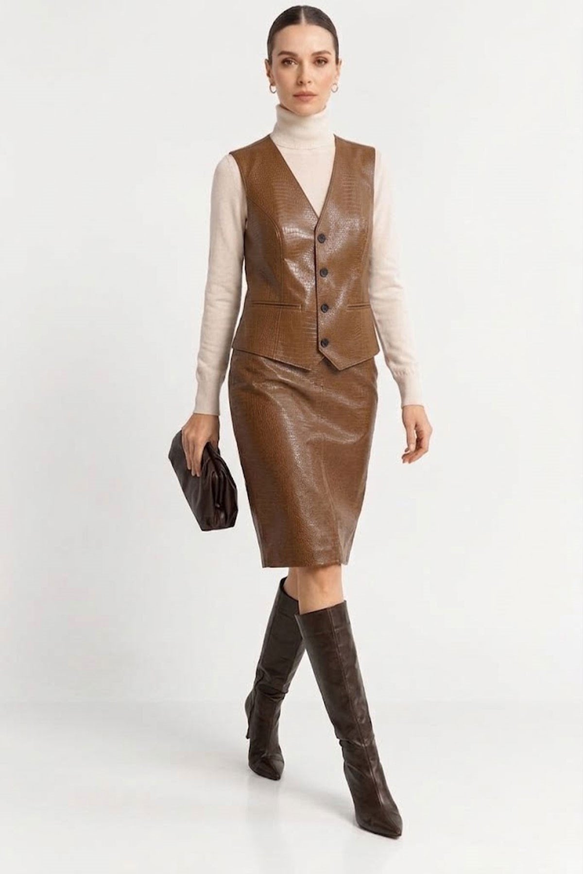 Karamel Elara Crocodile Patterned Genuine Leather Pencil Skirt