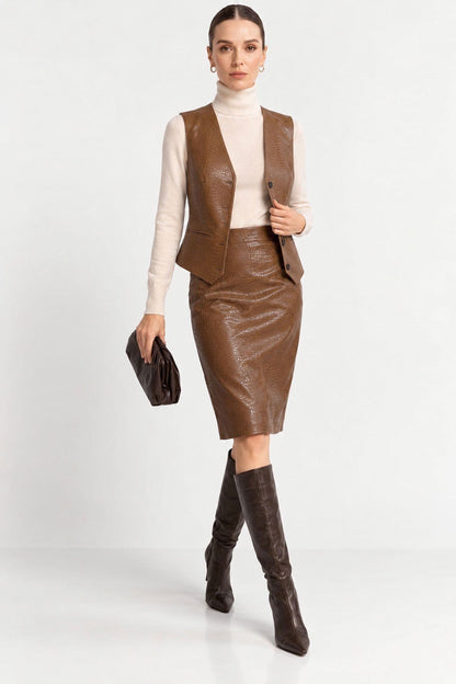 Karamel Elara Crocodile Patterned Genuine Leather Pencil Skirt