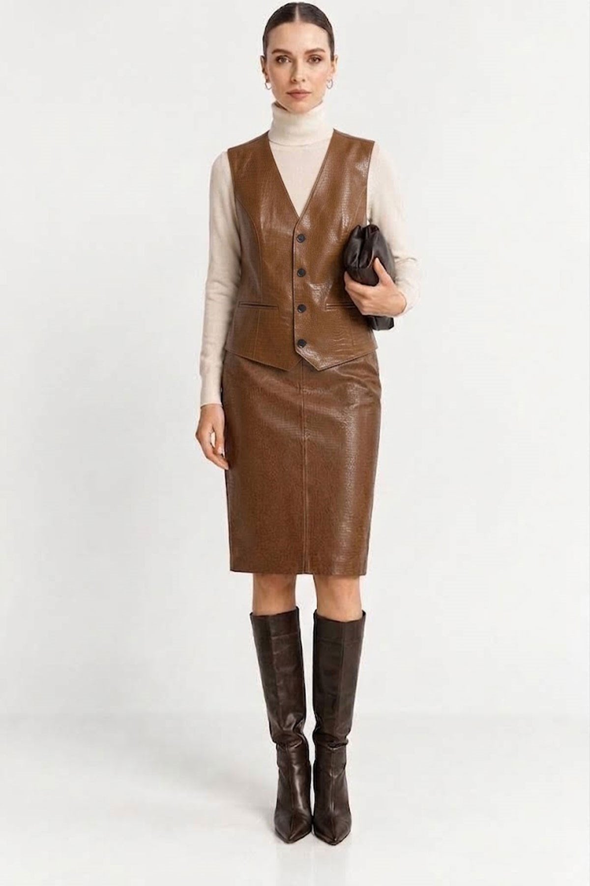 Karamel Elara Crocodile Patterned Genuine Leather Pencil Skirt