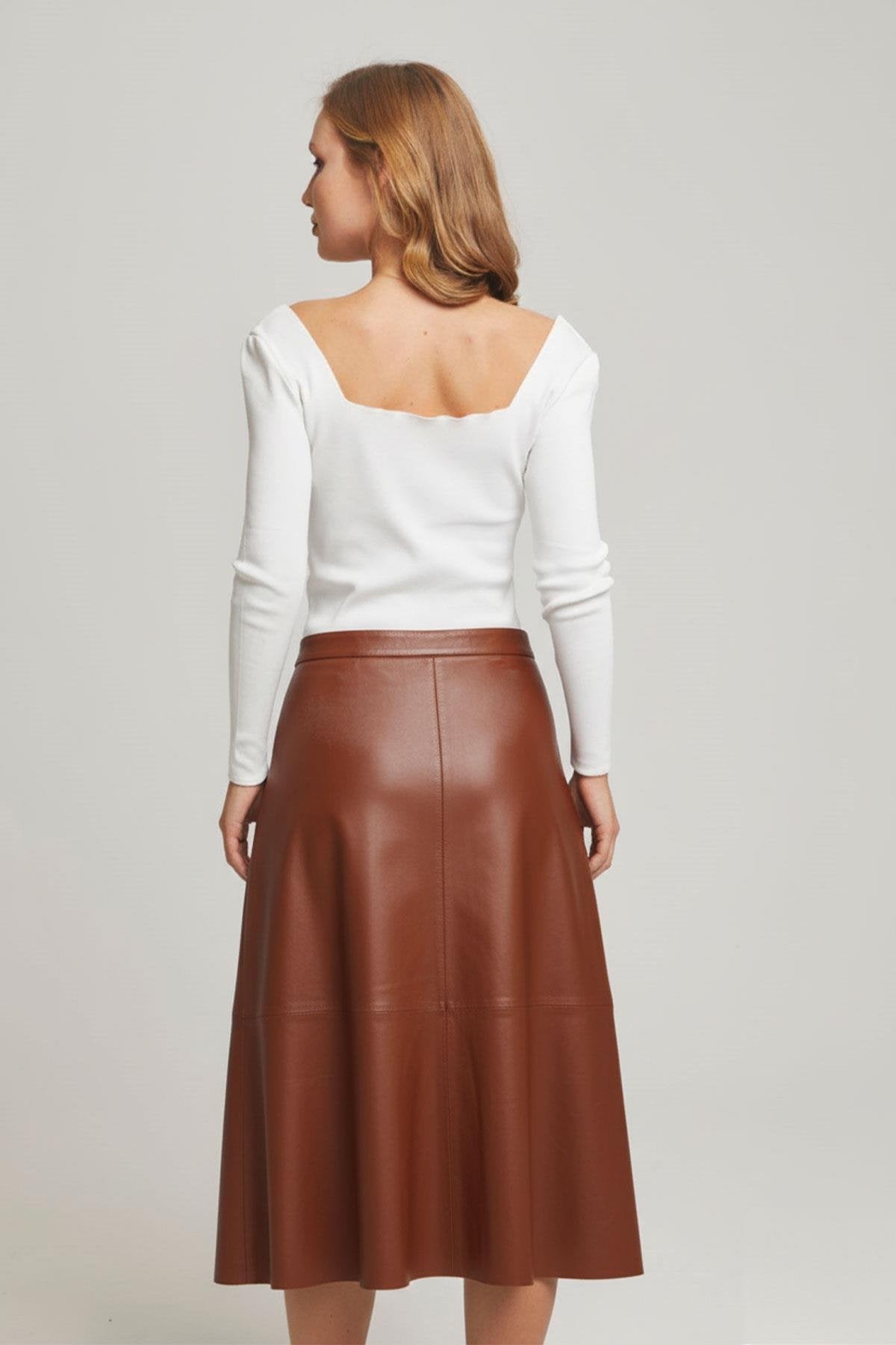 Cognac Clara Women's Flared Genuine Leather Skirt