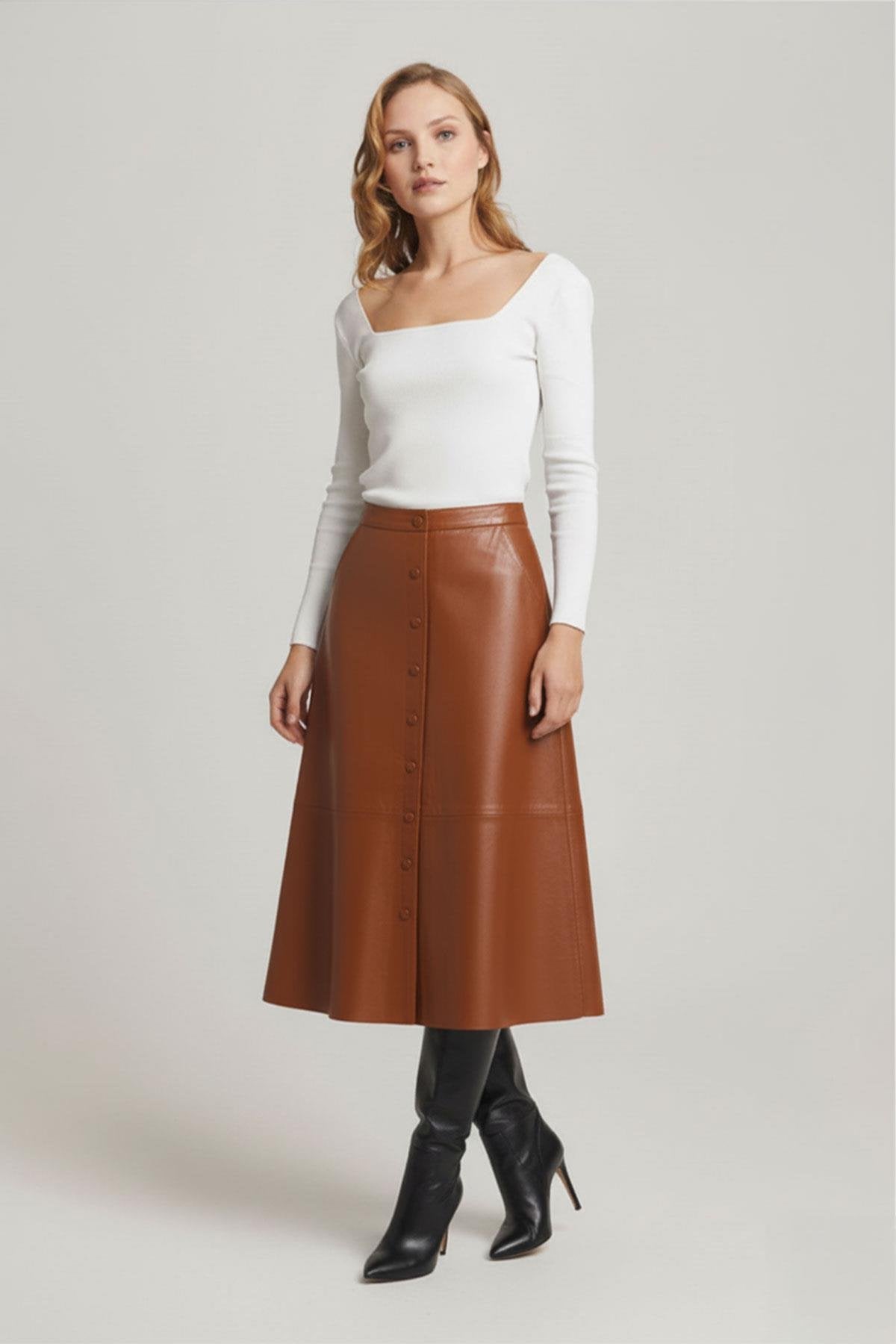 Cognac Clara Women's Flared Genuine Leather Skirt
