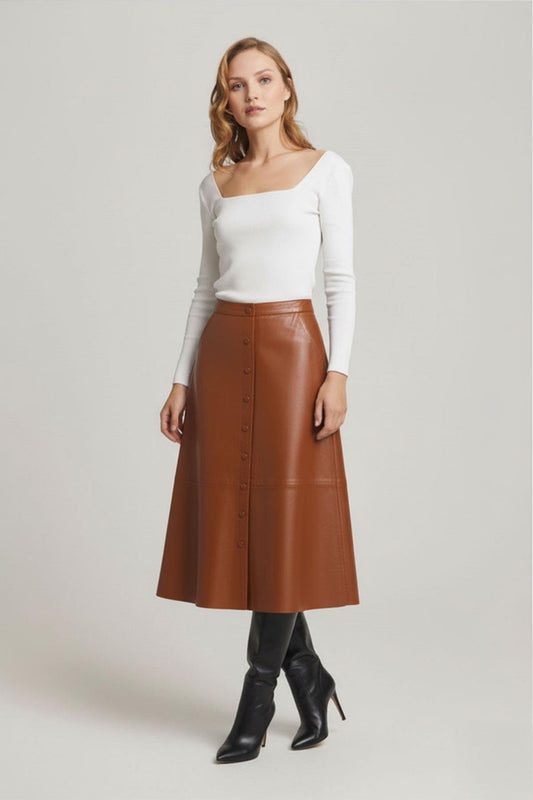 Cognac Clara Women's Flared Genuine Leather Skirt