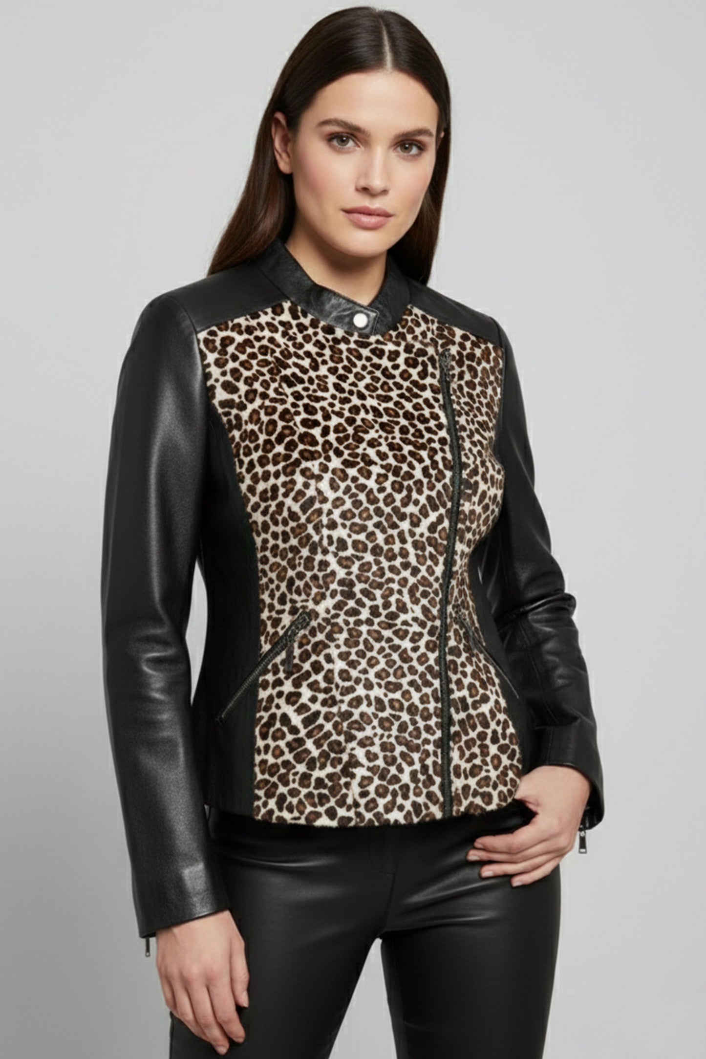 Genuine Leather Leopard Panel Zipper Jacket