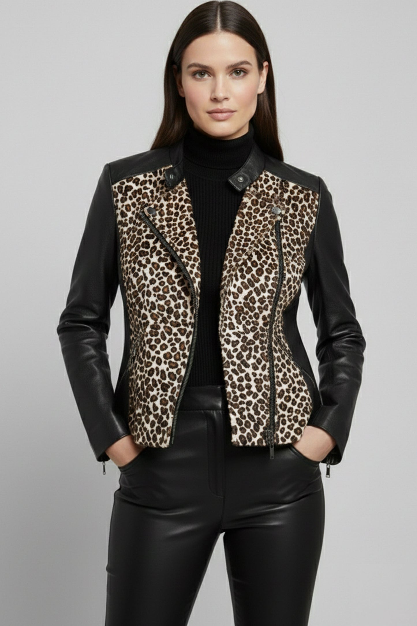 Genuine Leather Leopard Panel Zipper Jacket