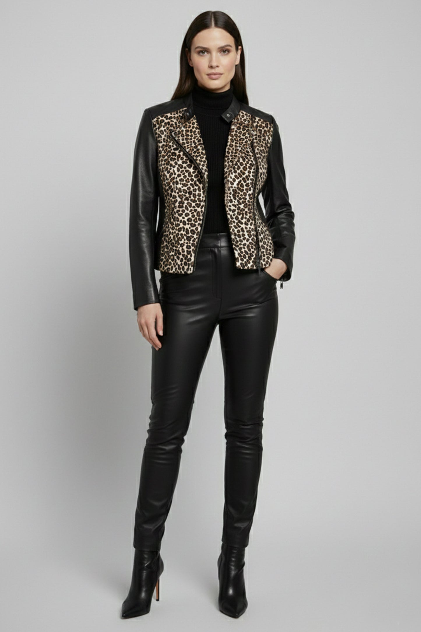 Genuine Leather Leopard Panel Zipper Jacket