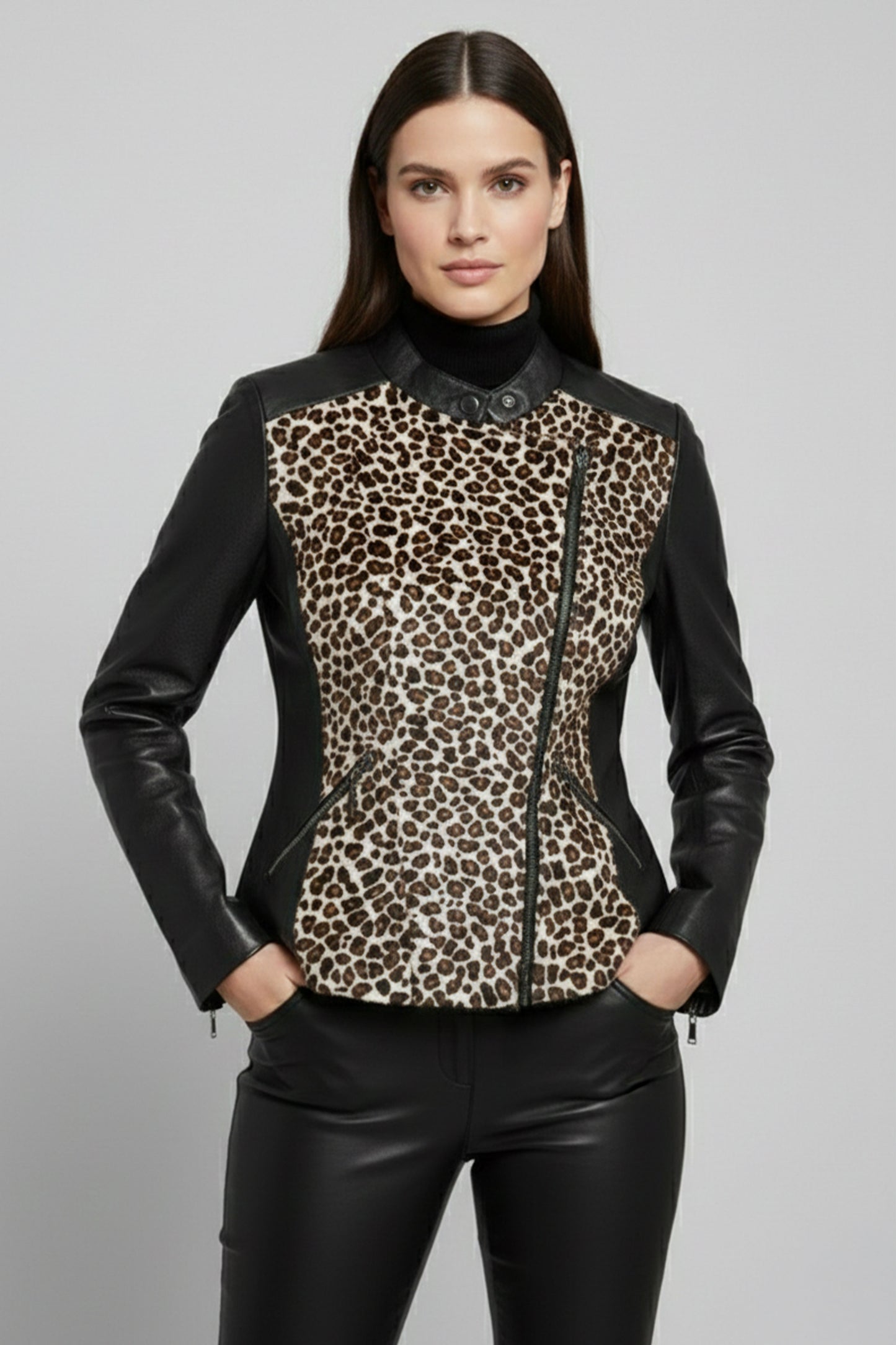 Genuine Leather Leopard Panel Zipper Jacket