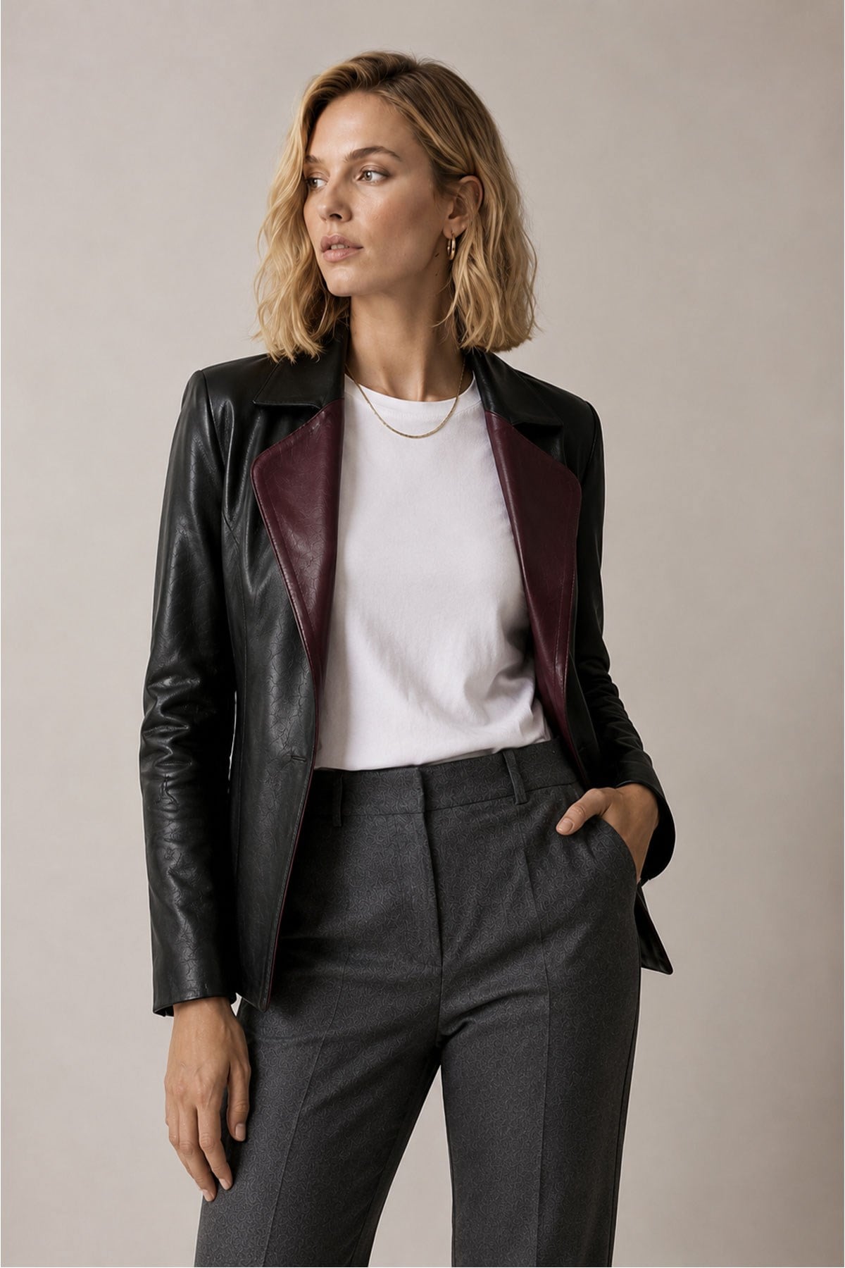 Liora Women's Reversible Burgundy and Black Genuine Leather Blazer Jacket