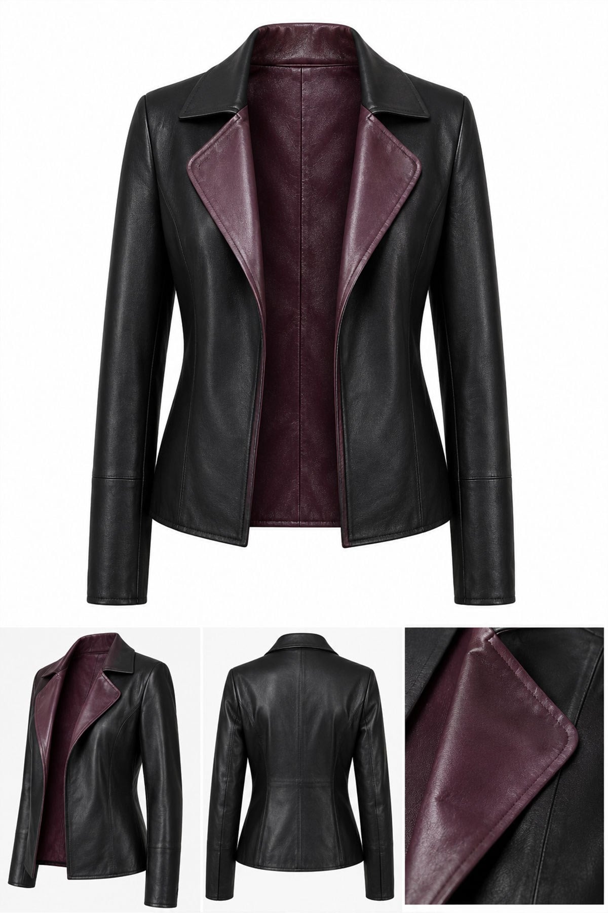 Liora Women's Reversible Burgundy and Black Genuine Leather Blazer Jacket