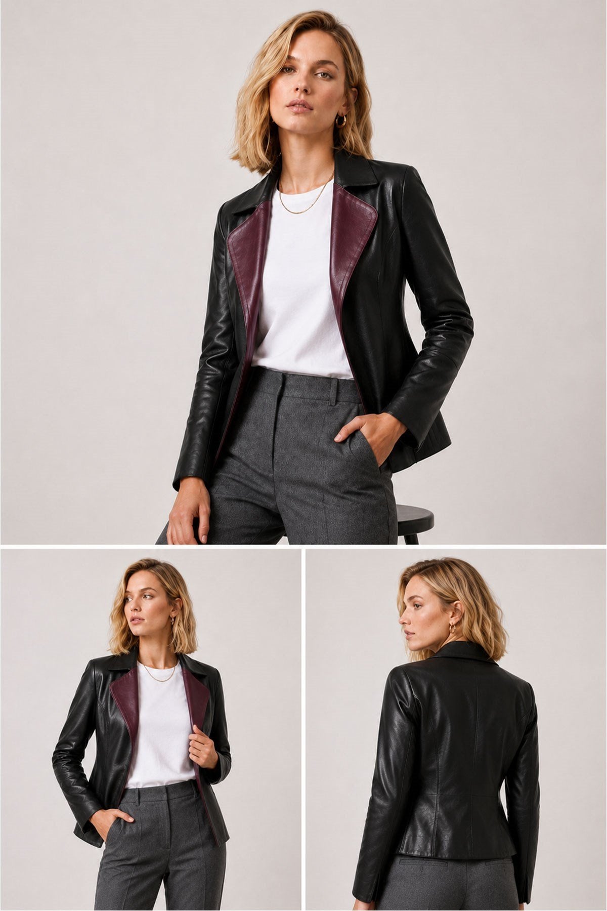 Liora Women's Reversible Burgundy and Black Genuine Leather Blazer Jacket