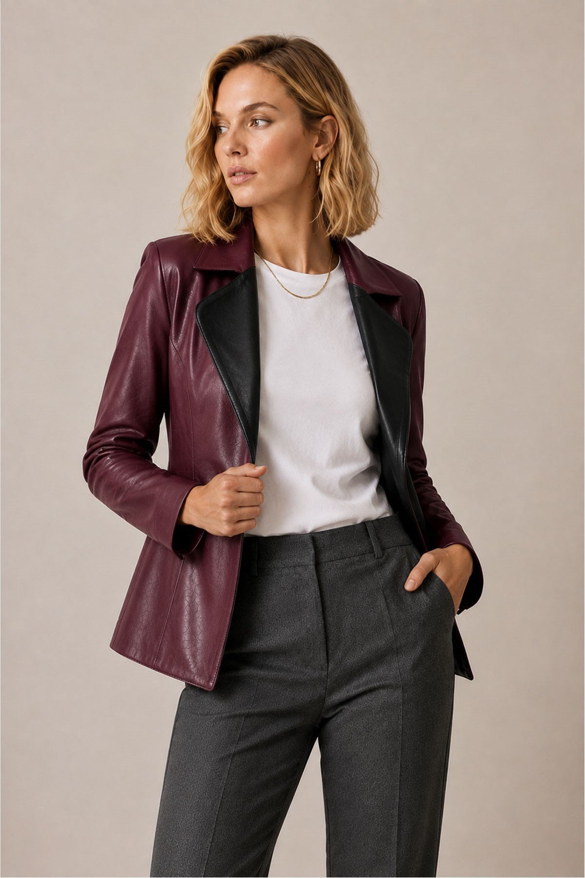 Liora Women's Reversible Burgundy and Black Genuine Leather Blazer Jacket