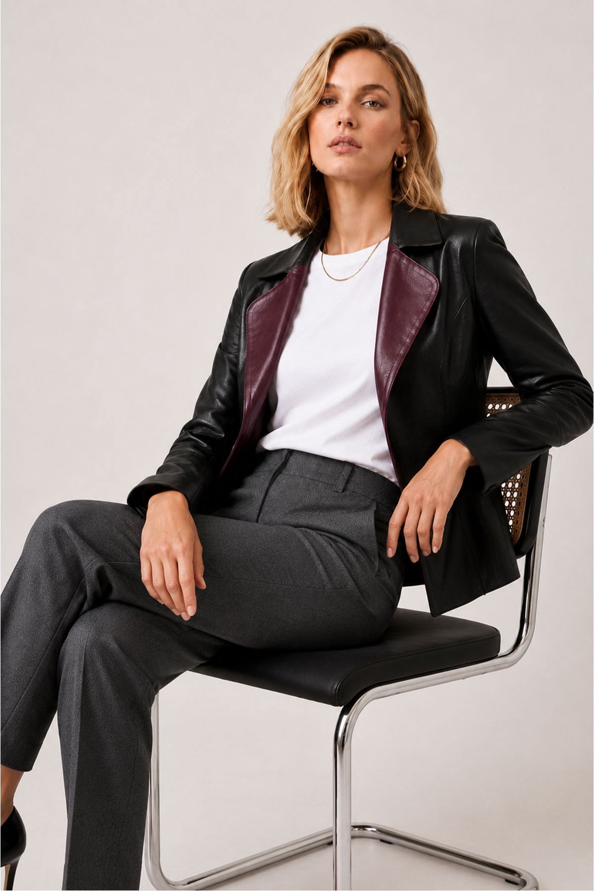 Liora Women's Reversible Burgundy and Black Genuine Leather Blazer Jacket