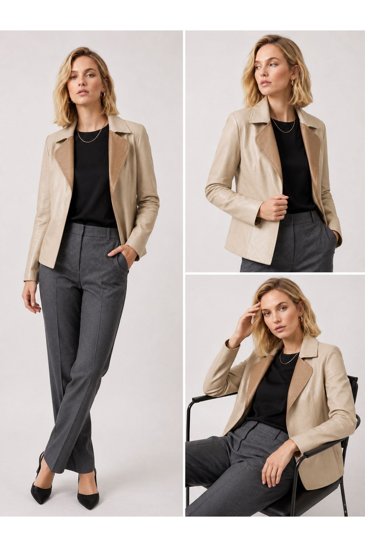 Liora Bone Mink Women's Reversible Genuine Leather Blazer Jacket