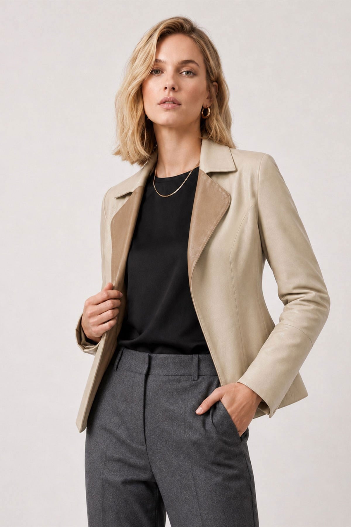 Liora Bone Mink Women's Reversible Genuine Leather Blazer Jacket