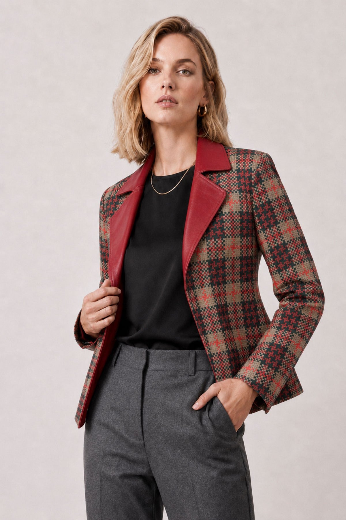 Liora Women's Plaid Red Reversible Genuine Leather Blazer Jacket