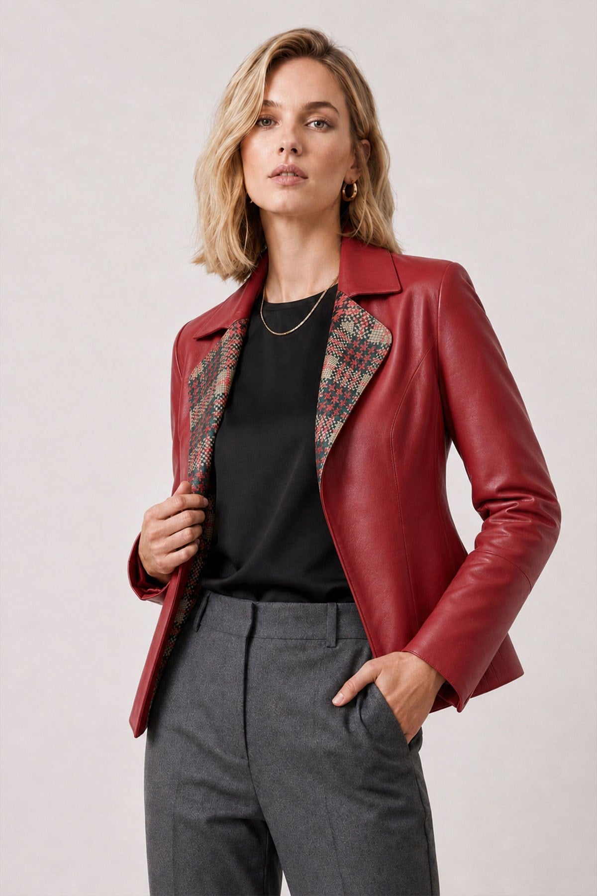 Liora Women's Plaid Red Reversible Genuine Leather Blazer Jacket