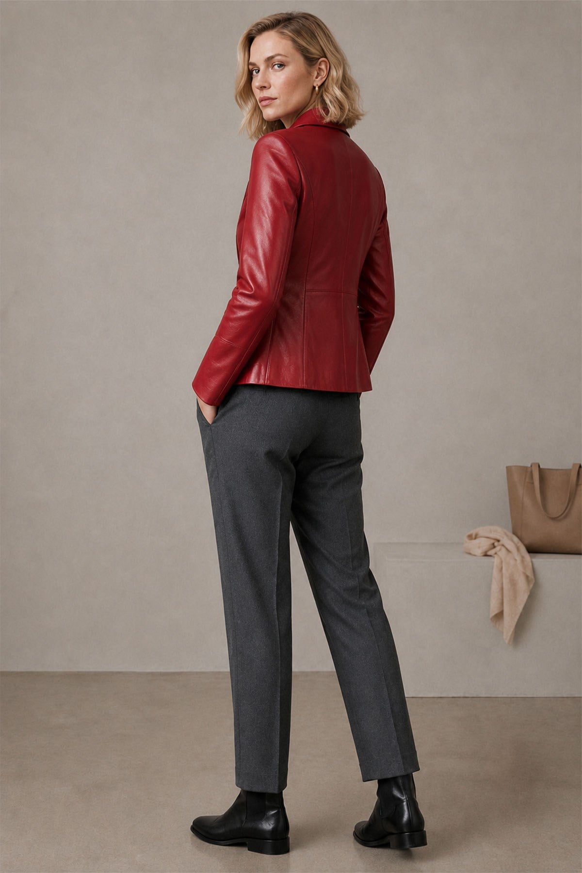 Liora Women's Plaid Red Reversible Genuine Leather Blazer Jacket