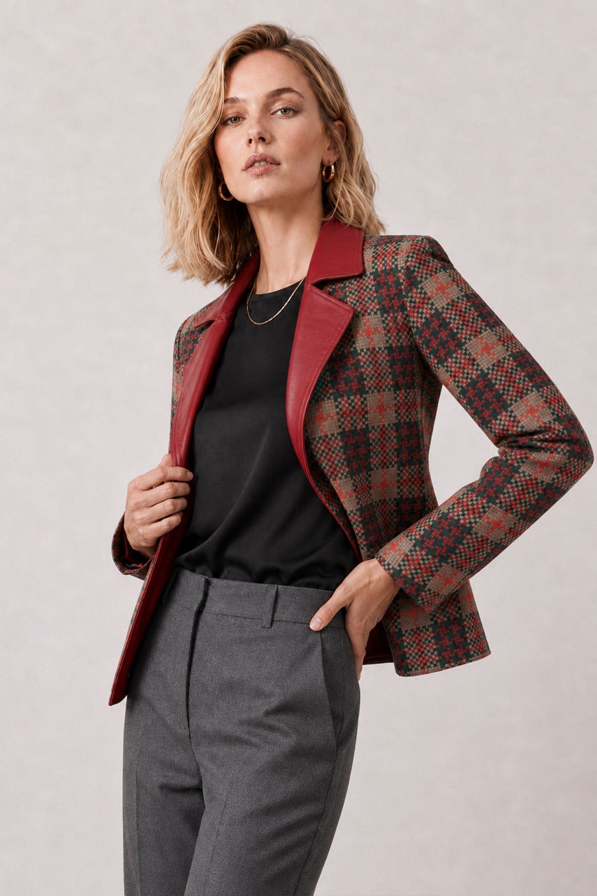 Liora Women's Plaid Red Reversible Genuine Leather Blazer Jacket