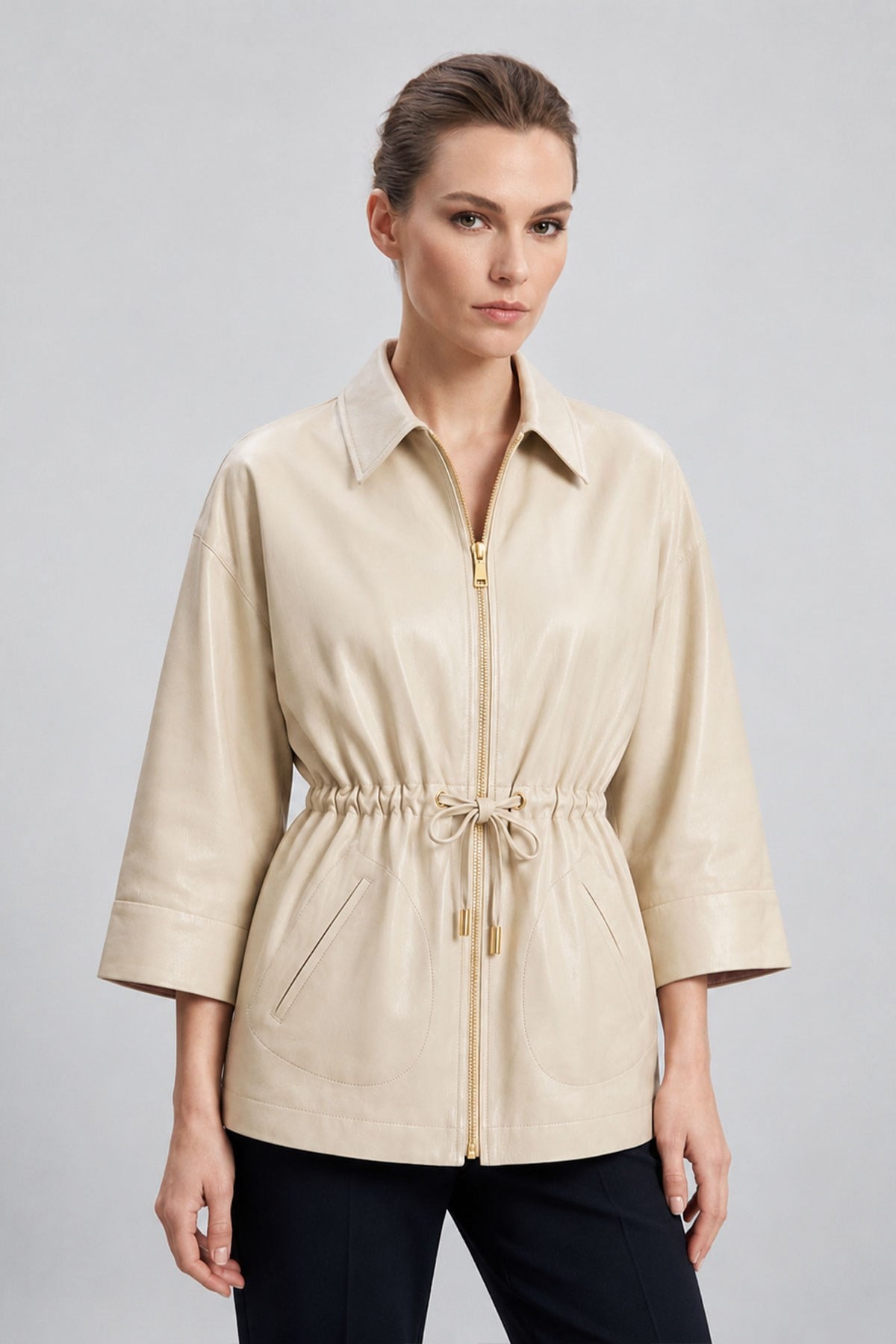 Mila Bone-Colored Mink Women's Reversible Genuine Leather Jacket