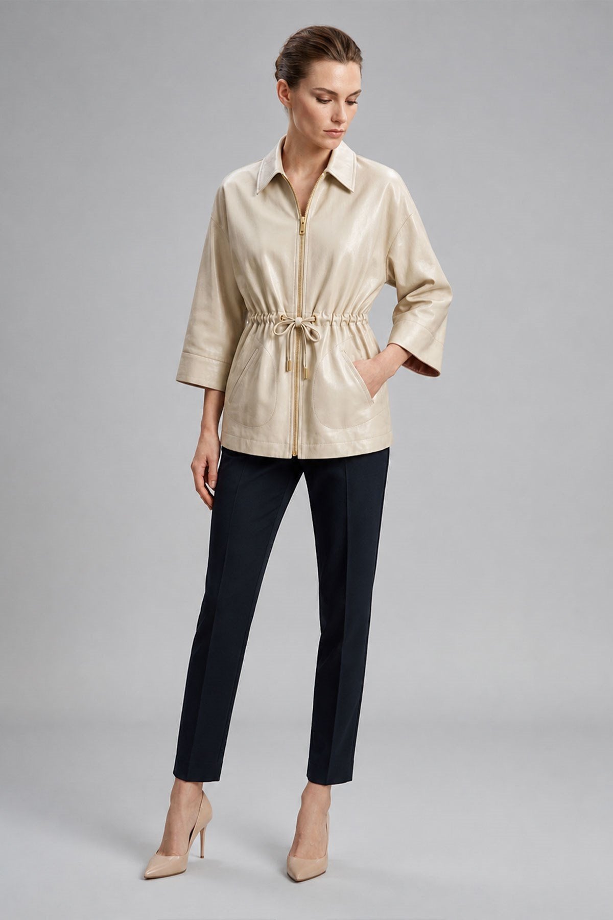 Mila Bone-Colored Mink Women's Reversible Genuine Leather Jacket