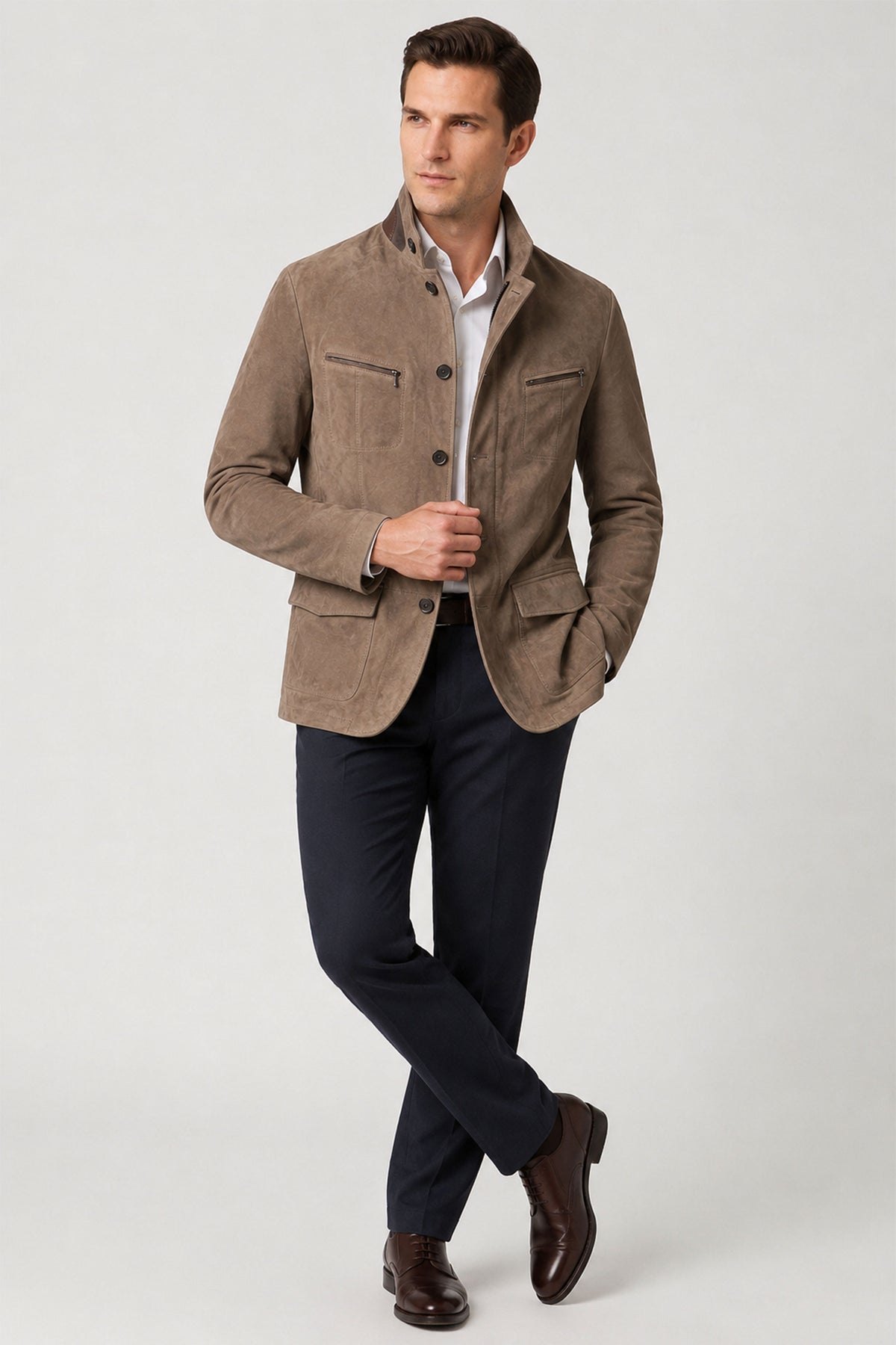 Bej Felix Men's Lined Slim Fit Narrow Cut Zippered and Buttoned Blazer Genuine Suede Jacket