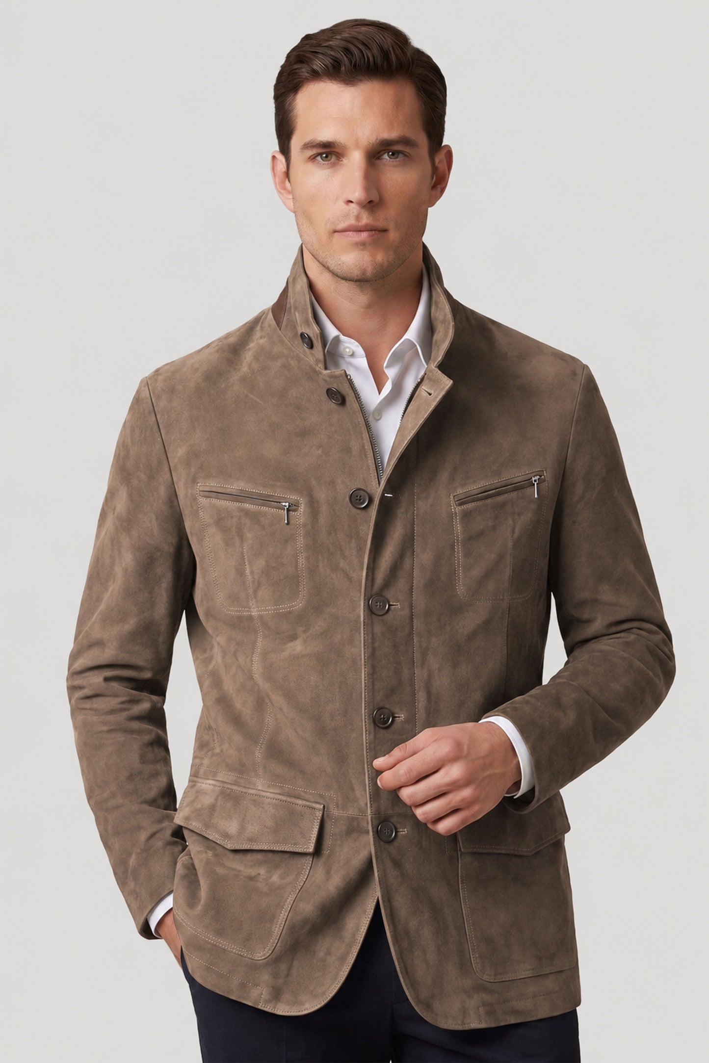 Bej Felix Men's Lined Slim Fit Narrow Cut Zippered and Buttoned Blazer Genuine Suede Jacket