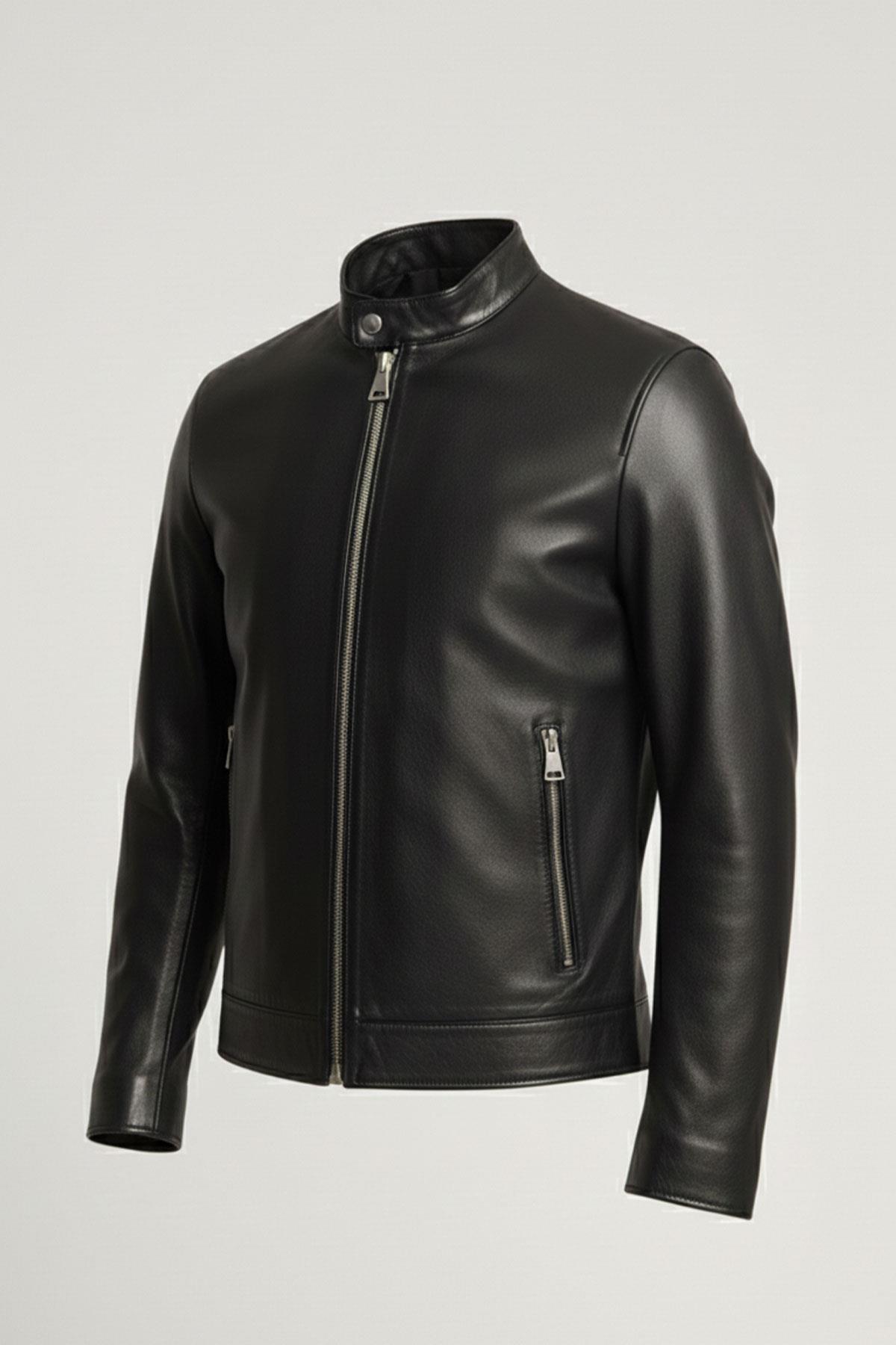 Black Stand Collar Genuine Leather Men’s Jacket