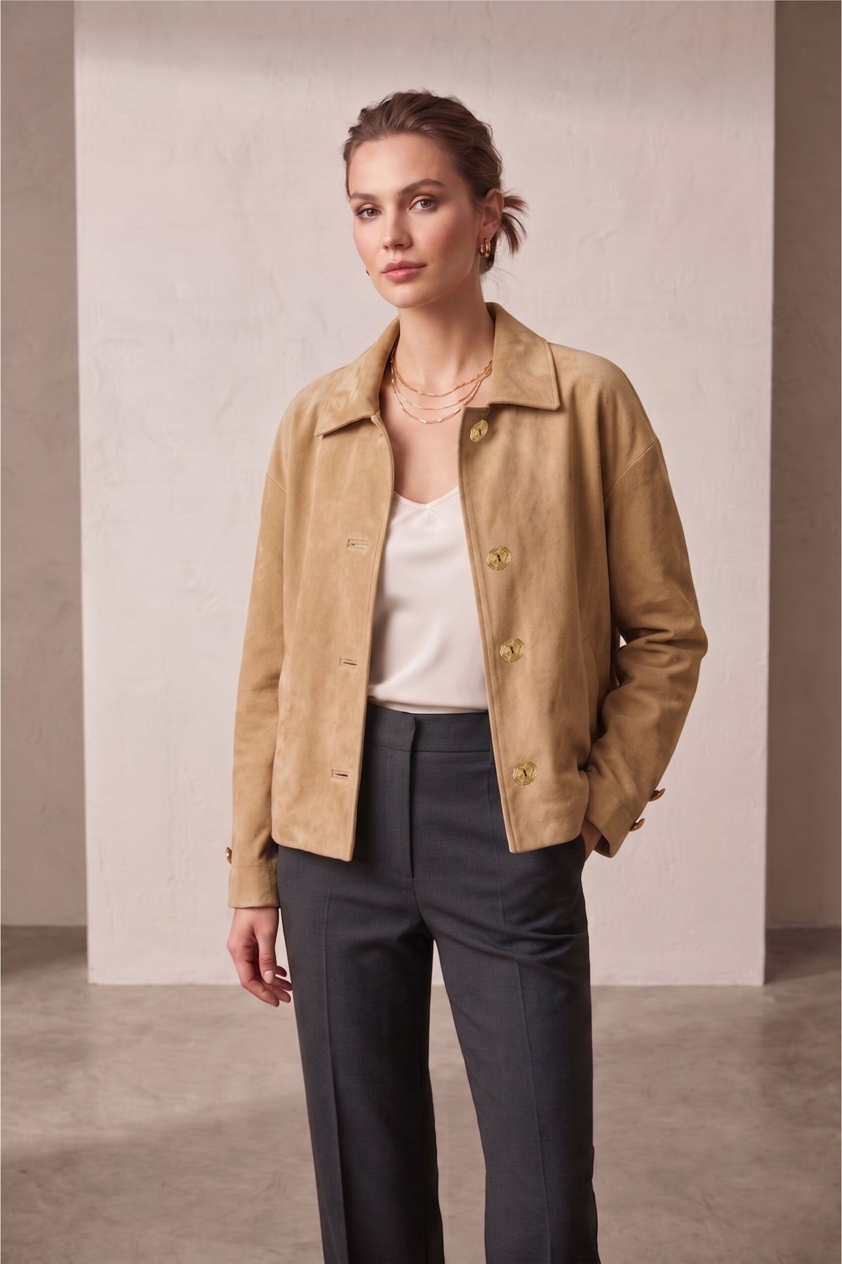 Beige Suede Women's Genuine Leather Classic Collar Button-Up Jacket