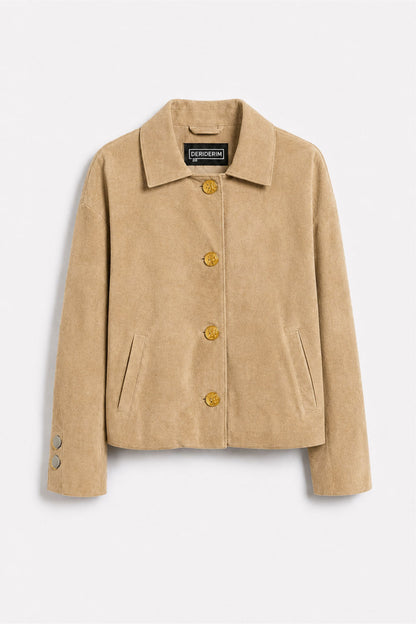 Beige Suede Women's Genuine Leather Classic Collar Button-Up Jacket