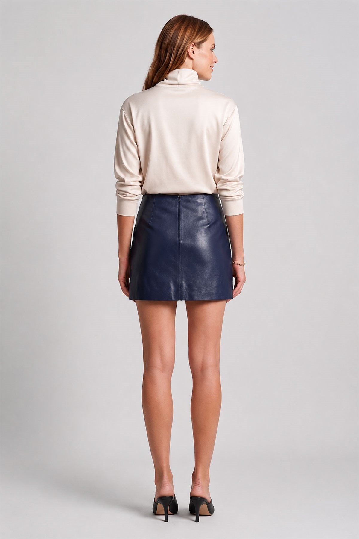 Navy Blue Metallic Genuine Leather Mini Skirt