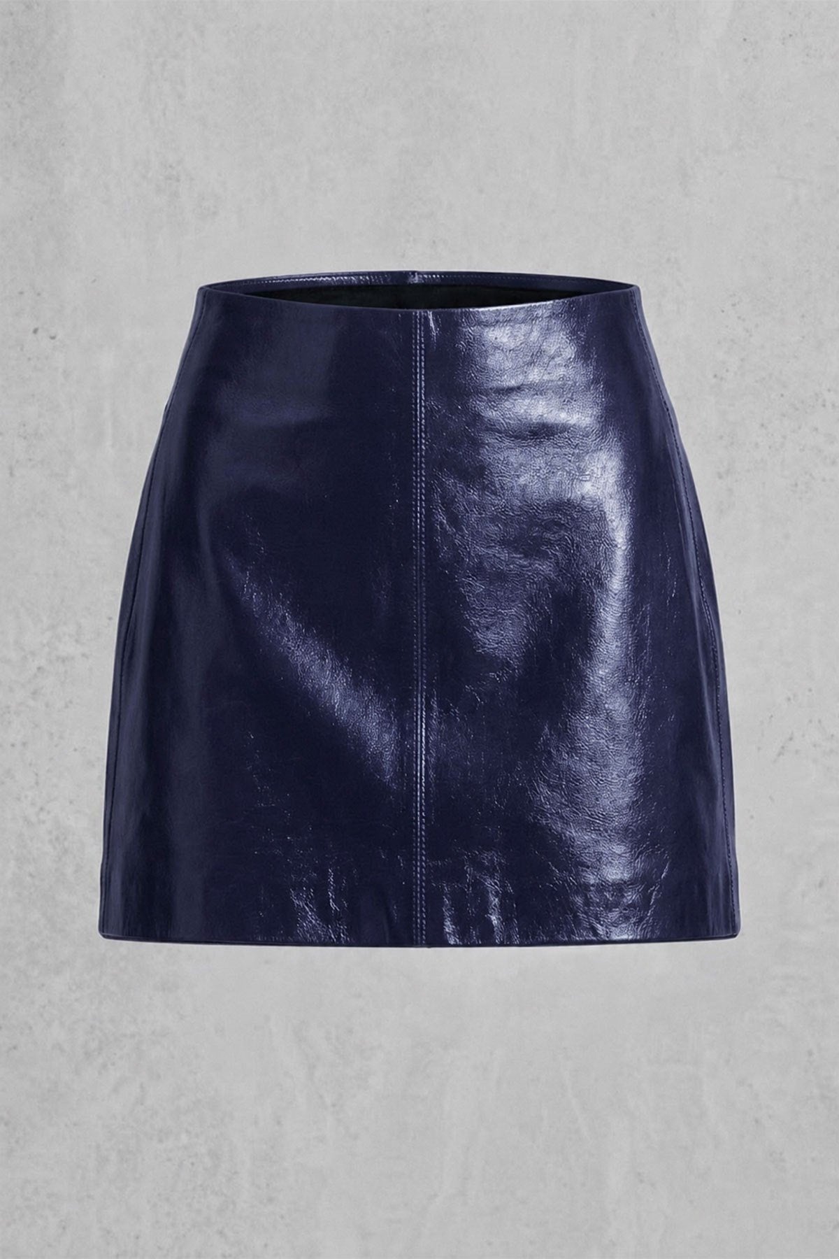 Navy Blue Metallic Genuine Leather Mini Skirt