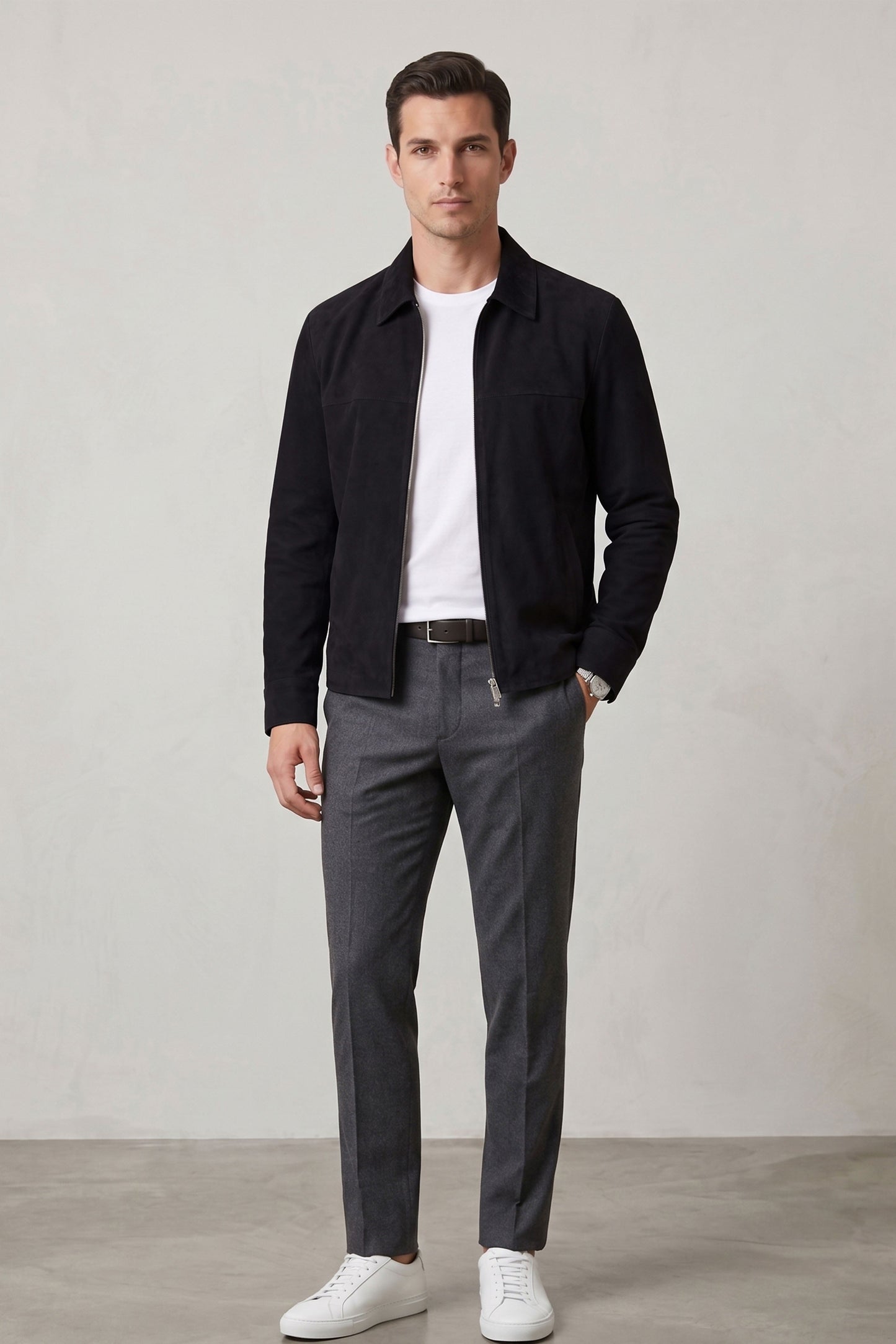 Rafael Black Genuine Suede Leather Zippered Jacket