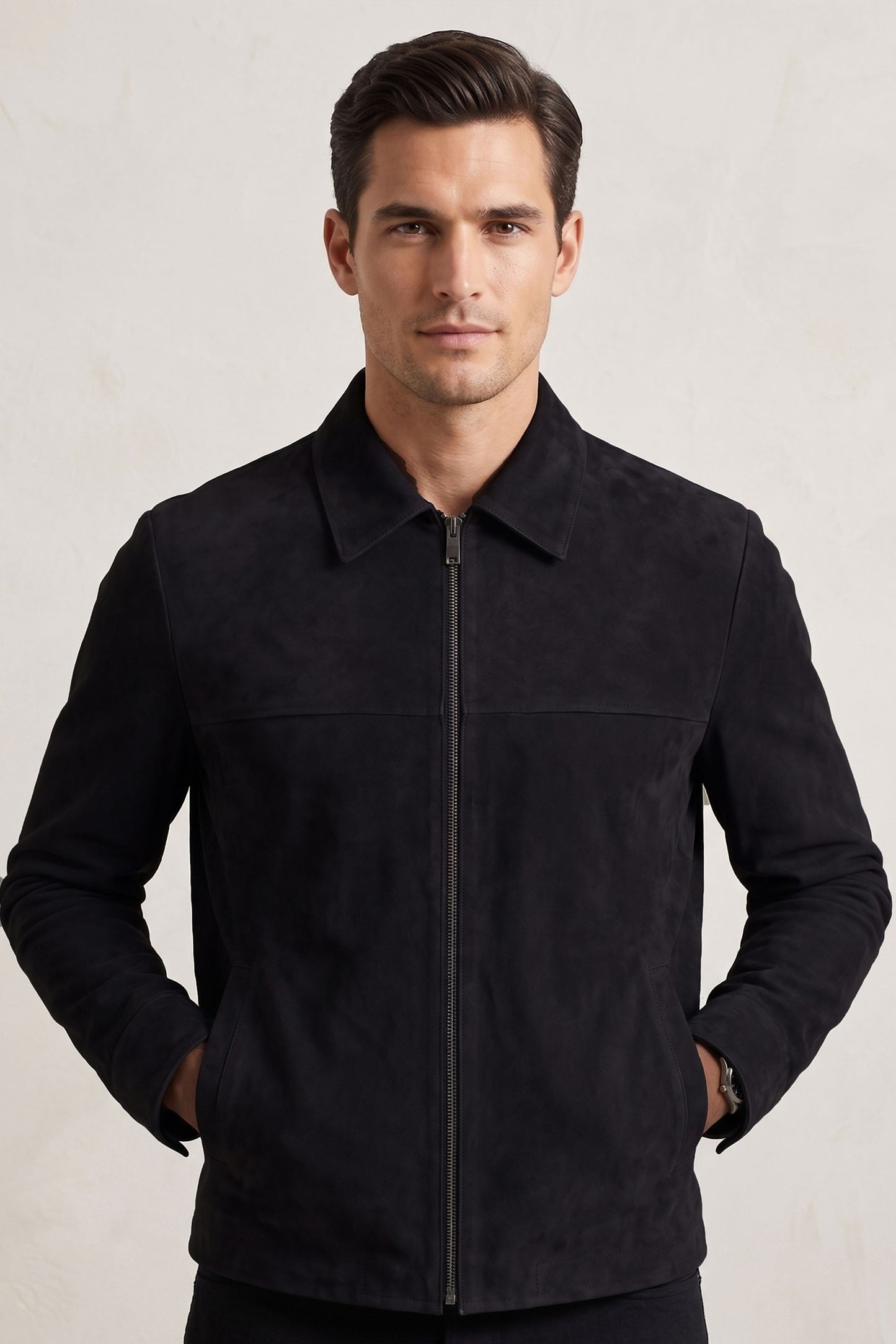 Rafael Black Genuine Suede Leather Zippered Jacket