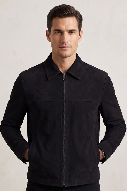 Rafael Black Genuine Suede Leather Zippered Jacket
