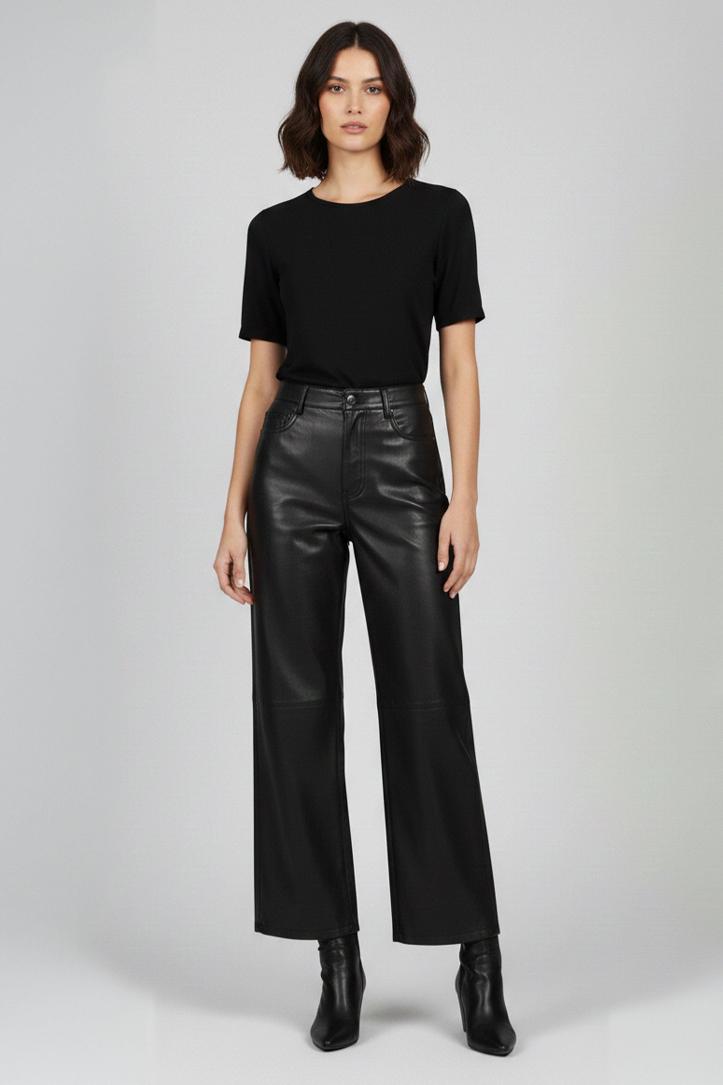 Black Nora Genuine Leather Wide Leg Women's Trousers