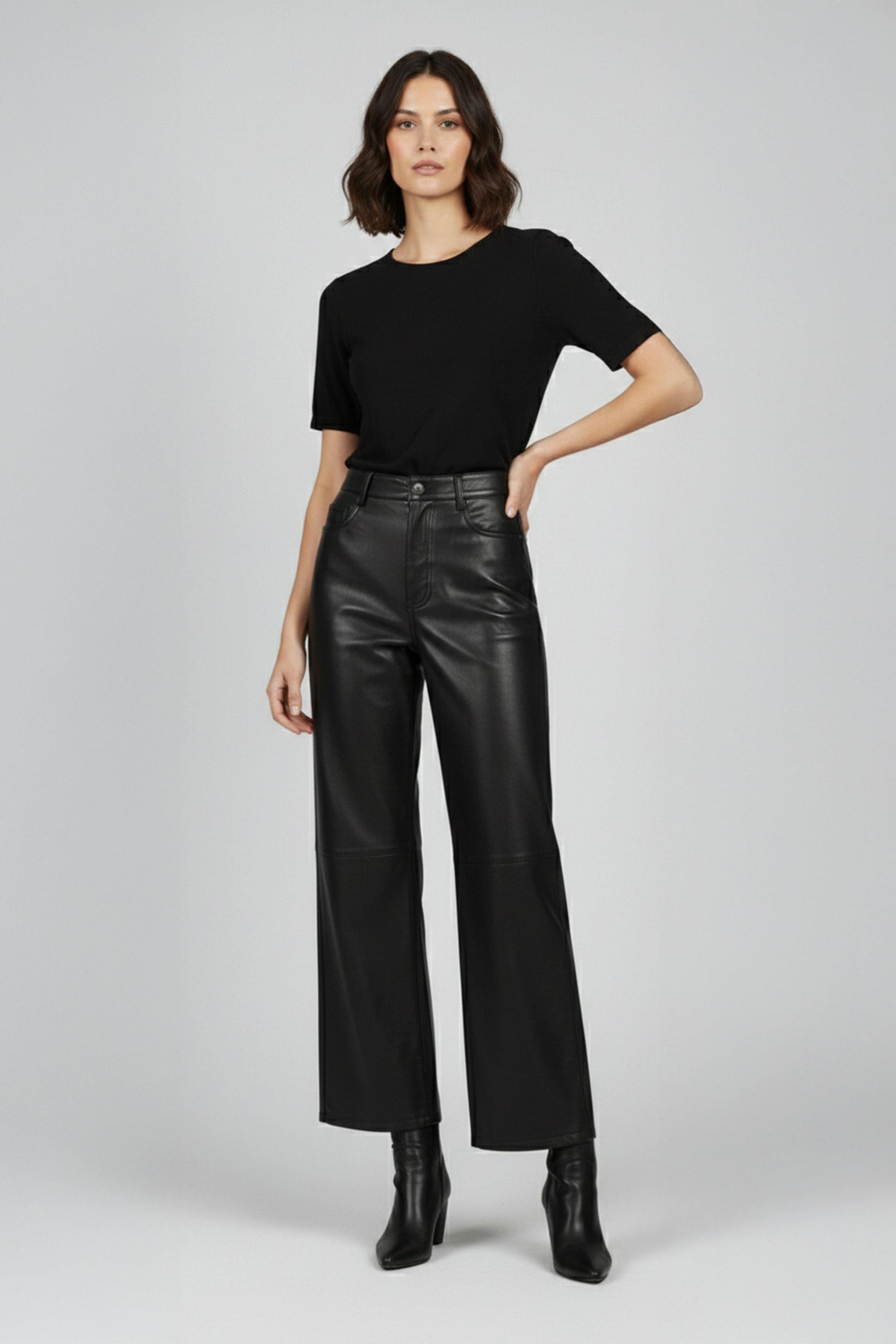 Black Nora Genuine Leather Wide Leg Women's Trousers