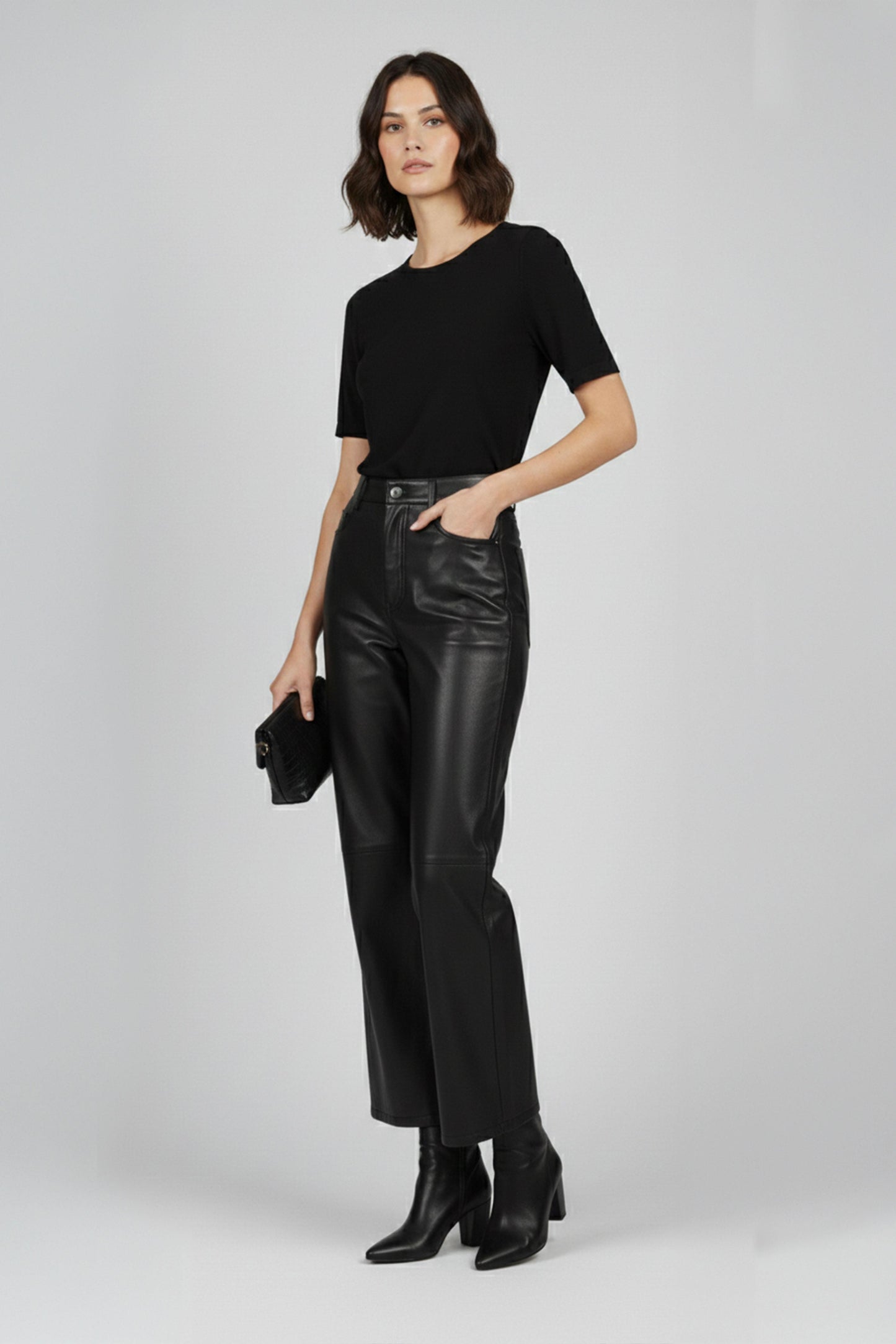 Black Nora Genuine Leather Wide Leg Women's Trousers